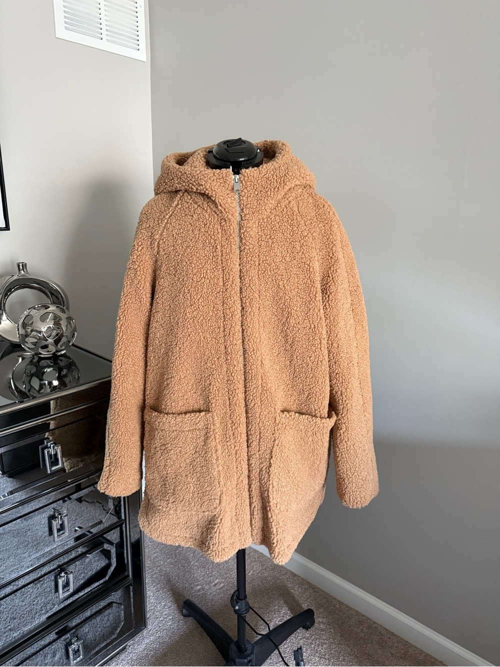 Andrew Marc Camel Teddy Zip-Up Hooded Jacket
